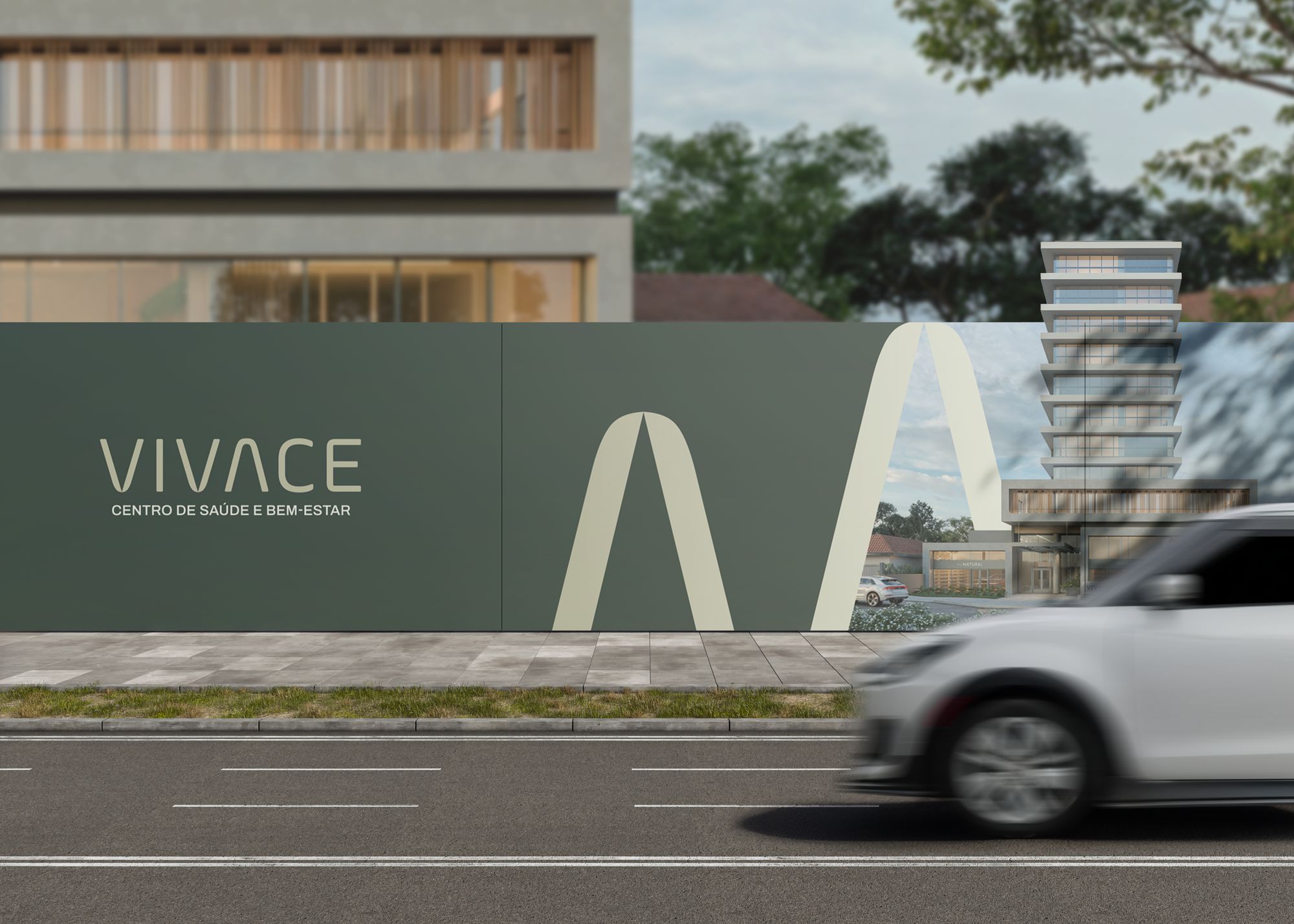 Tapume do Vivace na rua, com a fachada do empreendimento